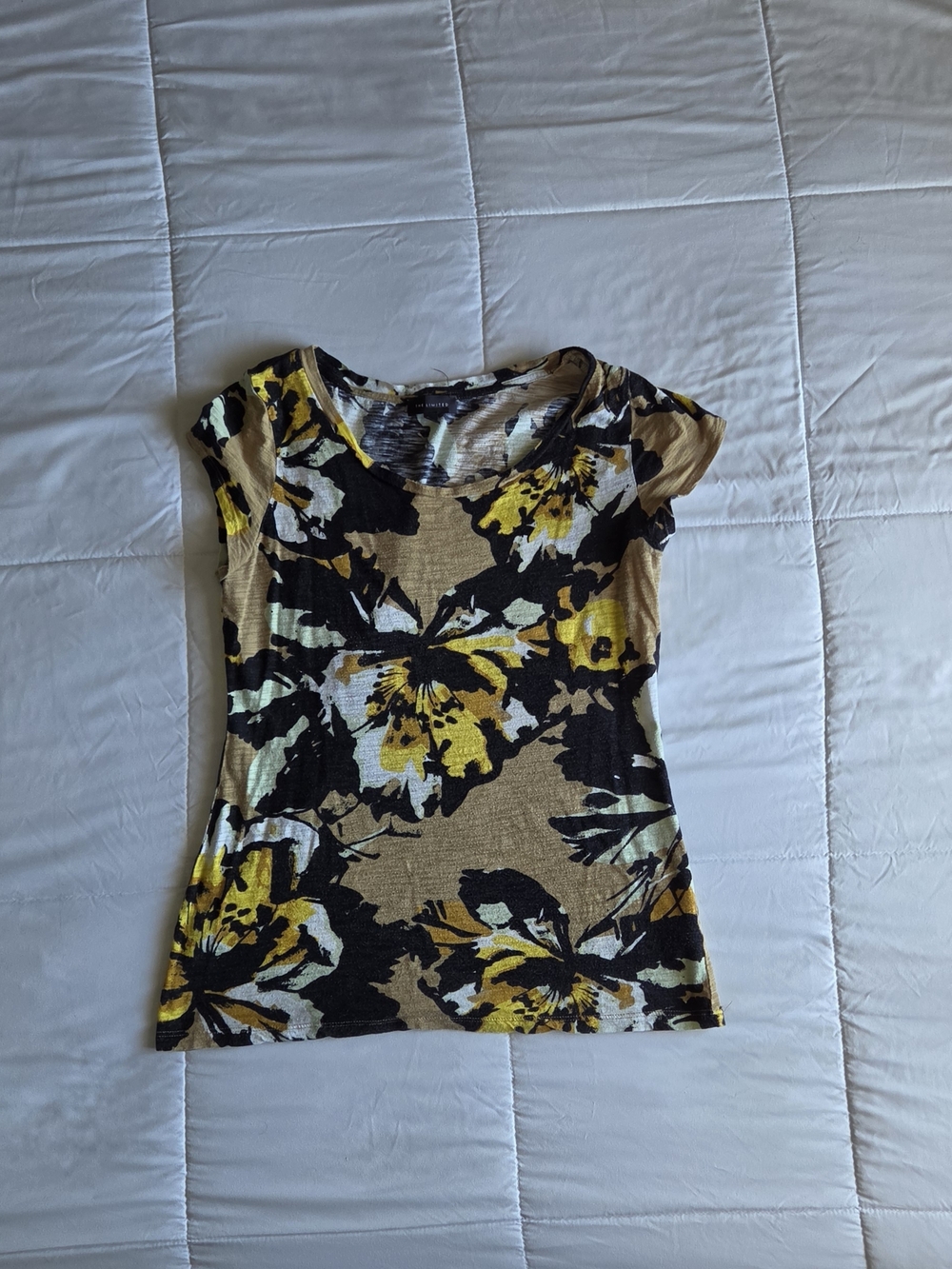 The Limited Floral Cap-Sleeve Tee in Beige, Yellow and Black